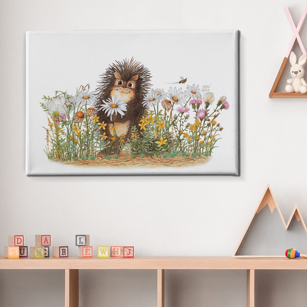 Friendly Kritters Wall Art Print - Porcupine in a Field of Flowers - 24x36 - Hand Drawn - Canvas