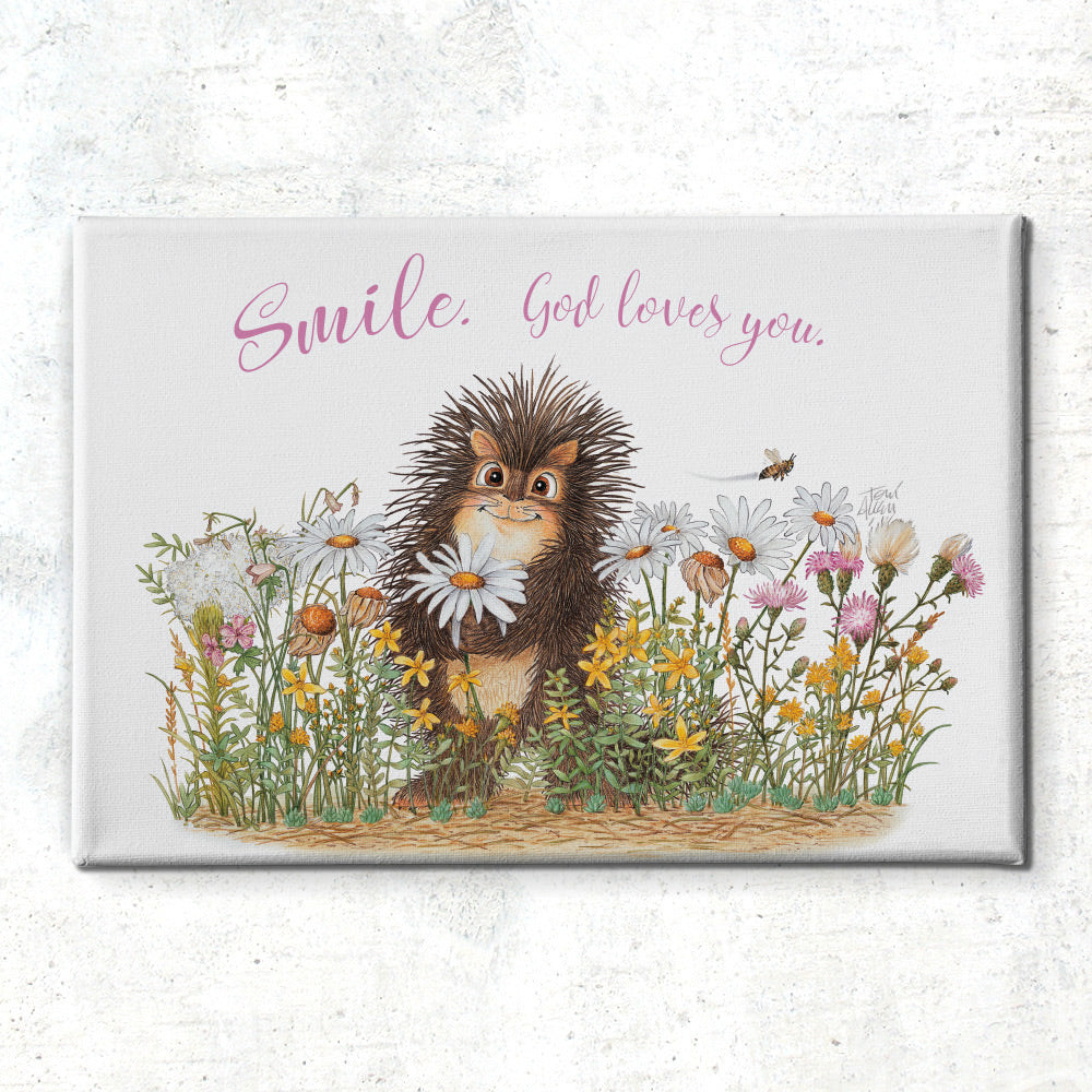Friendly Kritters Wall Art Print - Porcupine in a Field of Flowers - 24x36 - Hand Drawn - Canvas