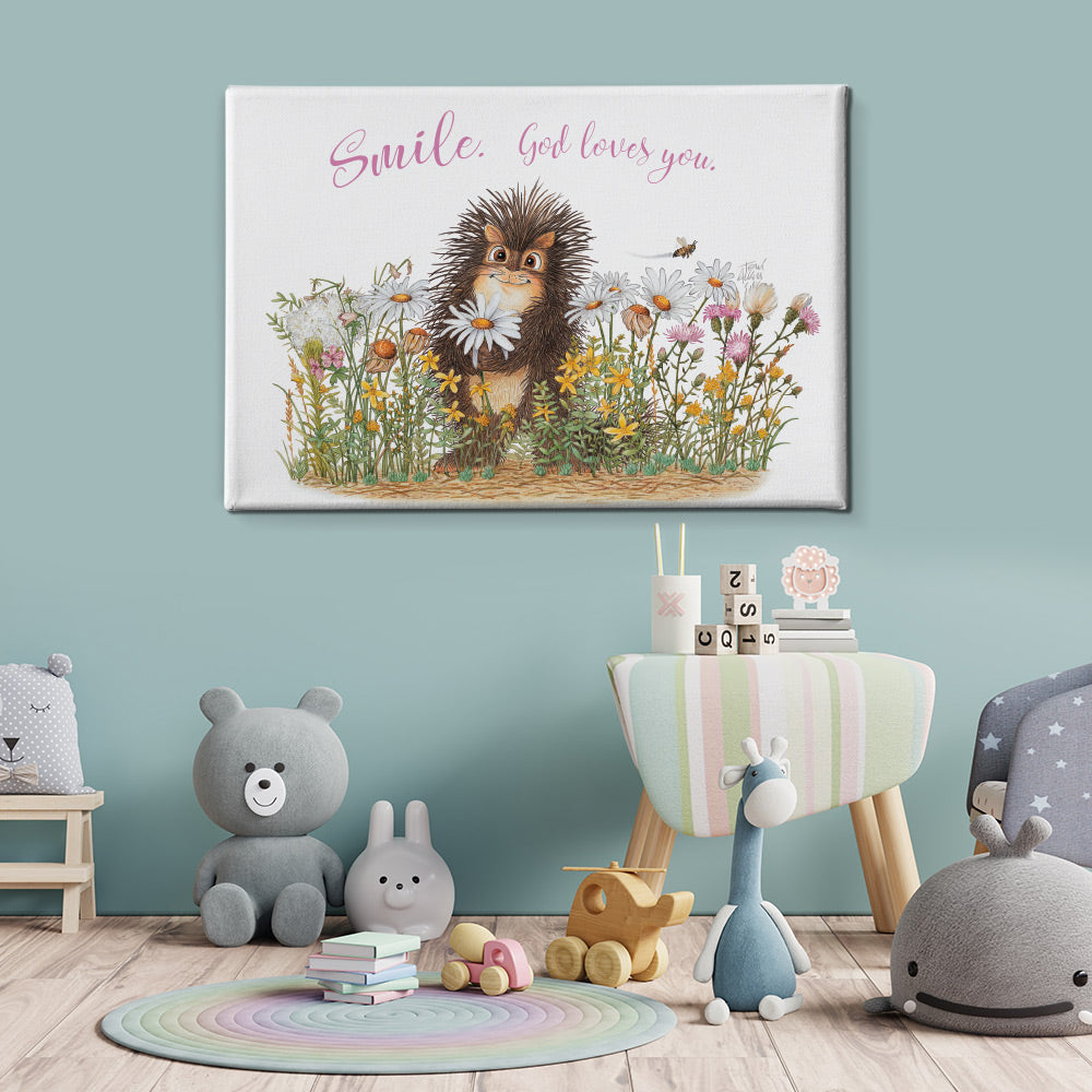 Friendly Kritters Wall Art Print - Porcupine in a Field of Flowers - 24x36 - Hand Drawn - Canvas