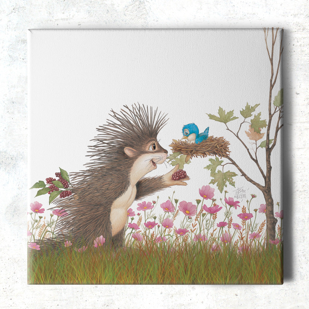 Friendly Kritters Wall Art Print - Porcupine Feeding Baby Bluebird - 16x16 - Hand Drawn - Canvas