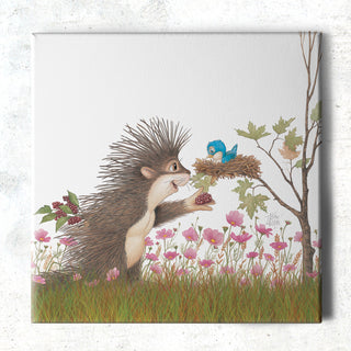 Friendly Kritters Wall Art Print - Porcupine Feeding Baby Bluebird - 16x16 - Hand Drawn - Canvas