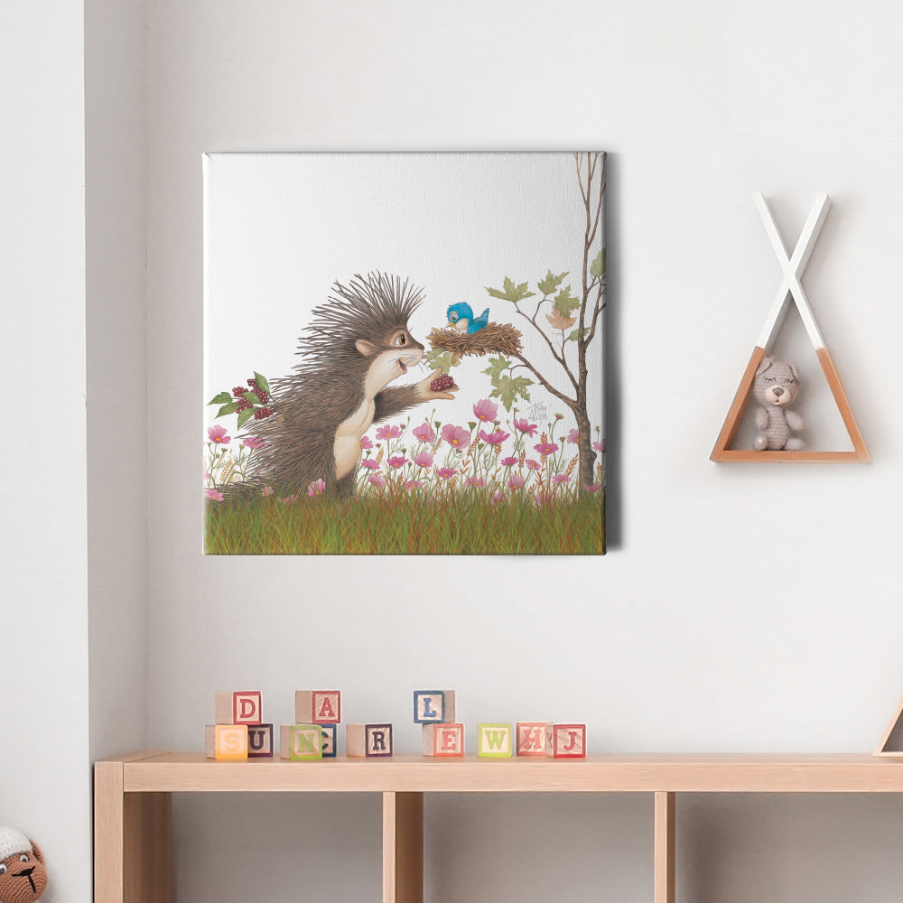 Friendly Kritters Wall Art Print - Porcupine Feeding Baby Bluebird - 16x16 - Hand Drawn - Canvas