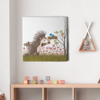 Friendly Kritters Wall Art Print - Porcupine Feeding Baby Bluebird - 16x16 - Hand Drawn - Canvas