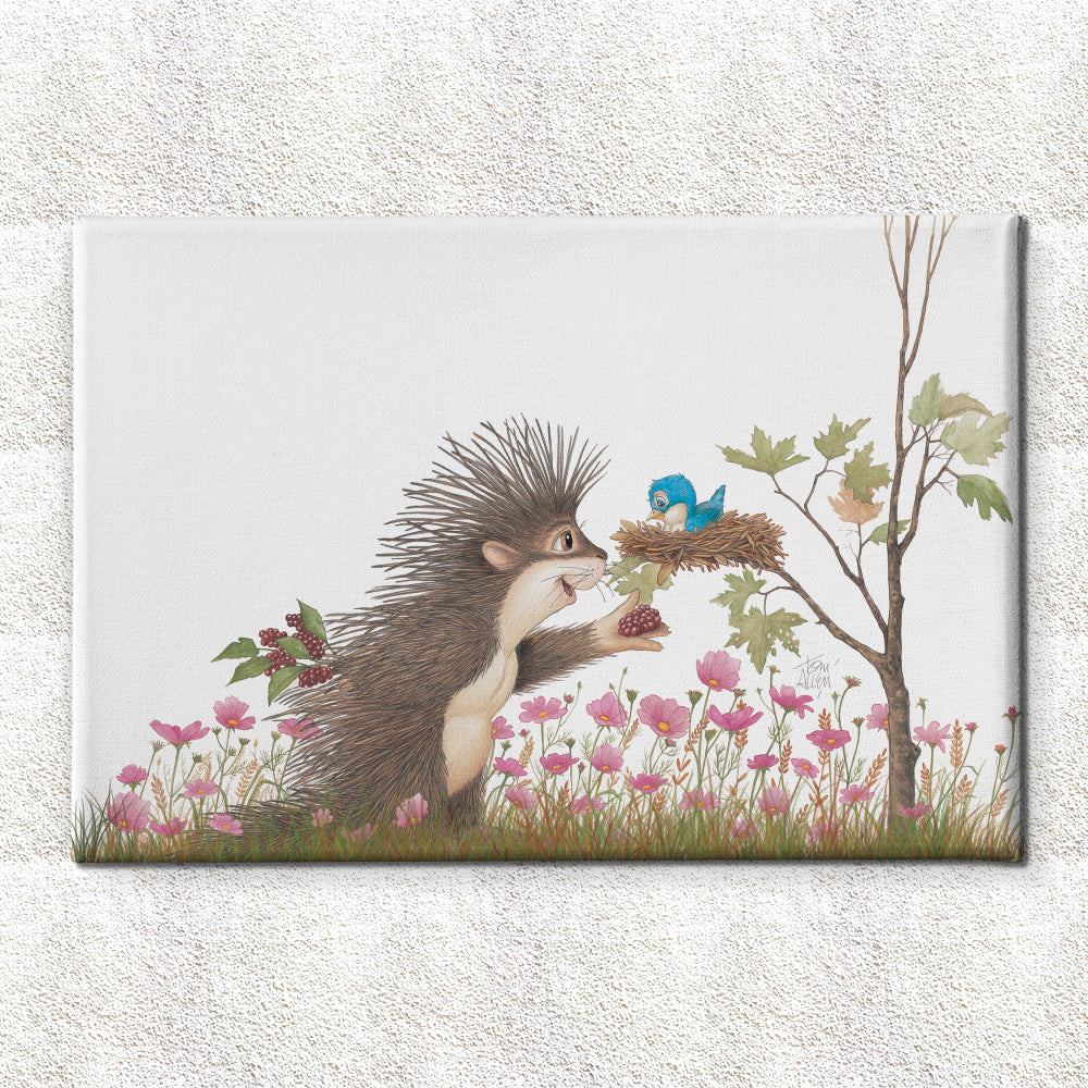 Friendly Kritters Wall Art Print - Porcupine Feeding Baby Bluebird - 24x36 - Hand Drawn - Canvas