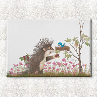 Friendly Kritters Wall Art Print - Porcupine Feeding Baby Bluebird - 24x36 - Hand Drawn - Canvas