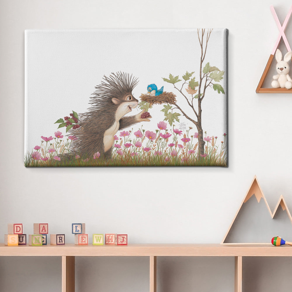 Friendly Kritters Wall Art Print - Porcupine Feeding Baby Bluebird - 16x24 - Hand Drawn - Canvas