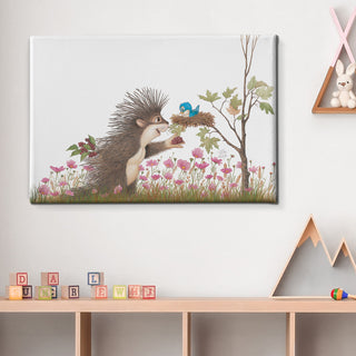 Friendly Kritters Wall Art Print - Porcupine Feeding Baby Bluebird - 24x36 - Hand Drawn - Canvas