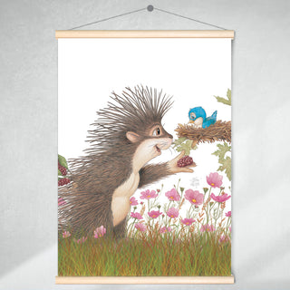 Friendly Kritters Wall Art Print - Porcupine Feeding Baby Bluebird - 17.5x24 - Hand Drawn - Wood Frame Hanger