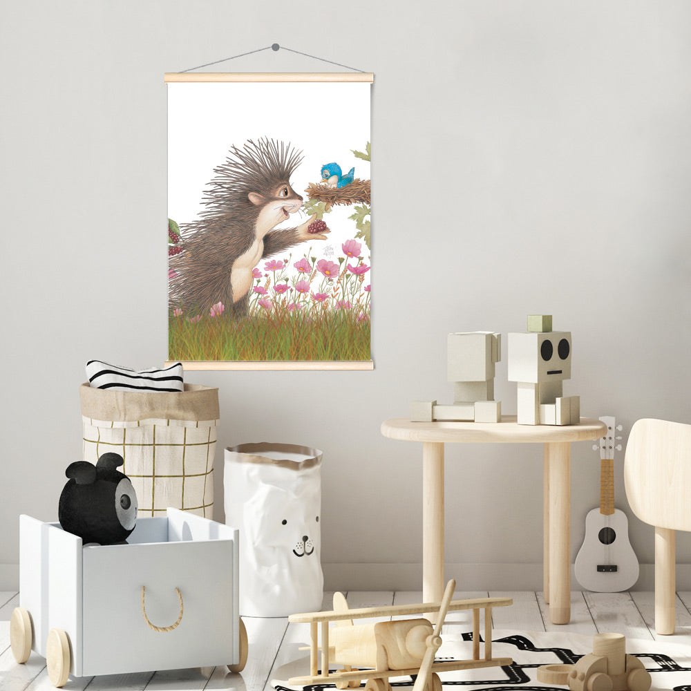 Friendly Kritters Wall Art Print - Porcupine Feeding Baby Bluebird - 17.5x24 - Hand Drawn - Wood Frame Hanger