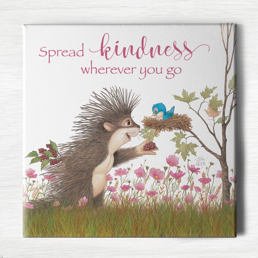 Friendly Kritters Wall Art Print - Porcupine Feeding Baby Bluebird - 16x16 - Hand Drawn - Canvas