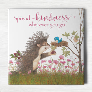 Friendly Kritters Wall Art Print - Porcupine Feeding Baby Bluebird - 16x16 - Hand Drawn - Canvas