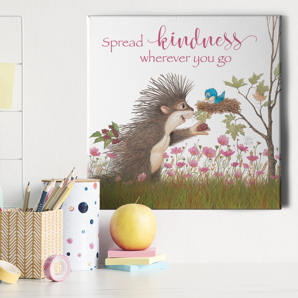 Friendly Kritters Wall Art Print - Porcupine Feeding Baby Bluebird - 16x16 - Hand Drawn - Canvas