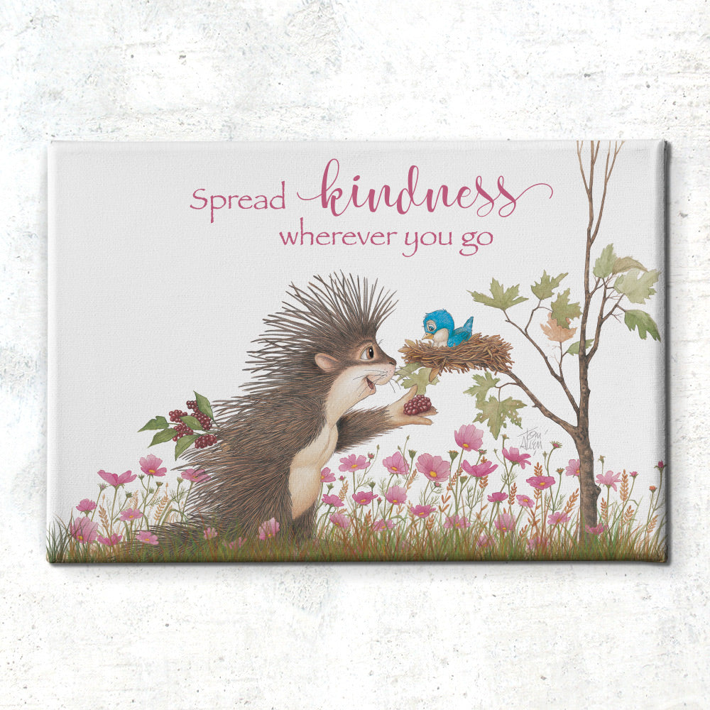 Friendly Kritters Wall Art Print - Porcupine Feeding Baby Bluebird - 24x36 - Hand Drawn - Canvas