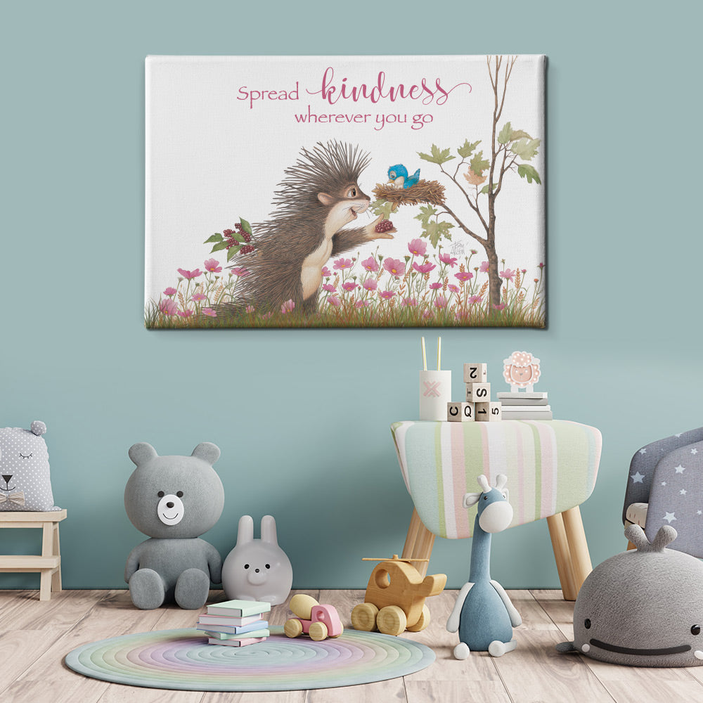 Friendly Kritters Wall Art Print - Porcupine Feeding Baby Bluebird - 24x36 - Hand Drawn - Canvas