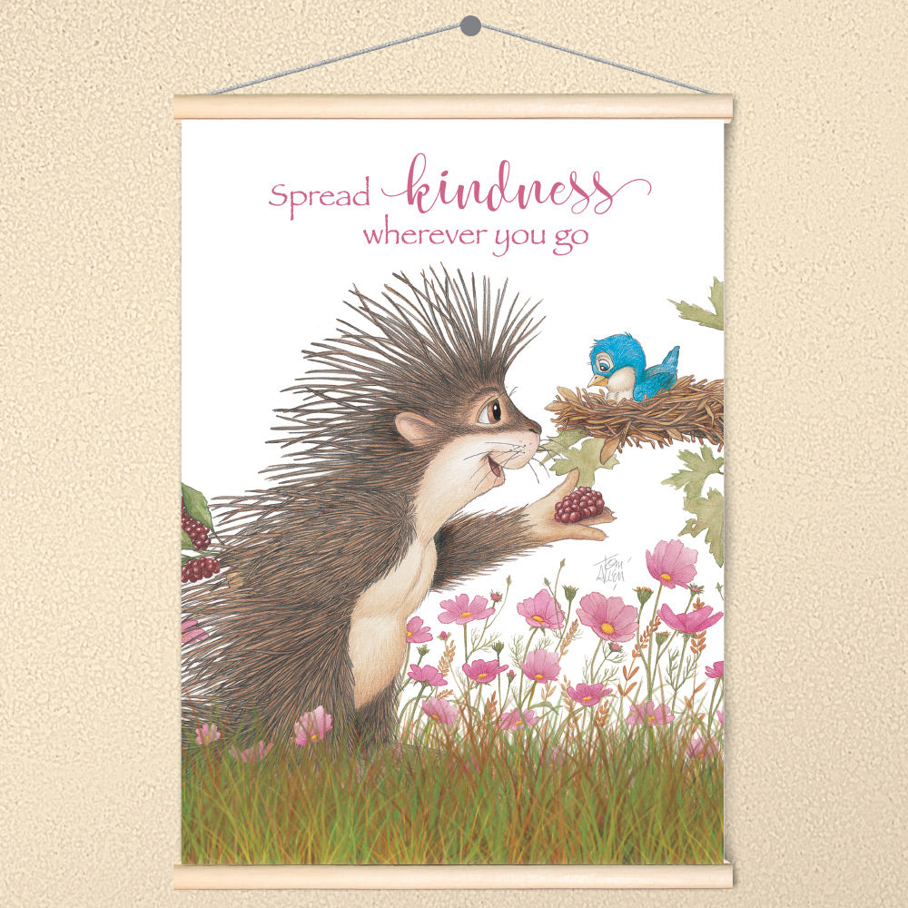 Friendly Kritters Wall Art Print - Porcupine Feeding Baby Bluebird - 17.5x24 - Hand Drawn - Wood Frame Hanger