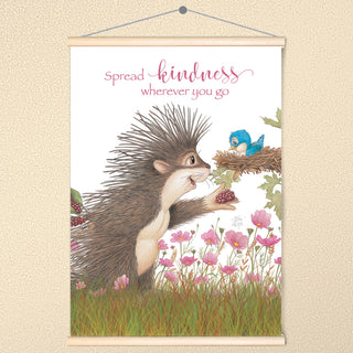 Friendly Kritters Wall Art Print - Porcupine Feeding Baby Bluebird - 17.5x24 - Hand Drawn - Wood Frame Hanger