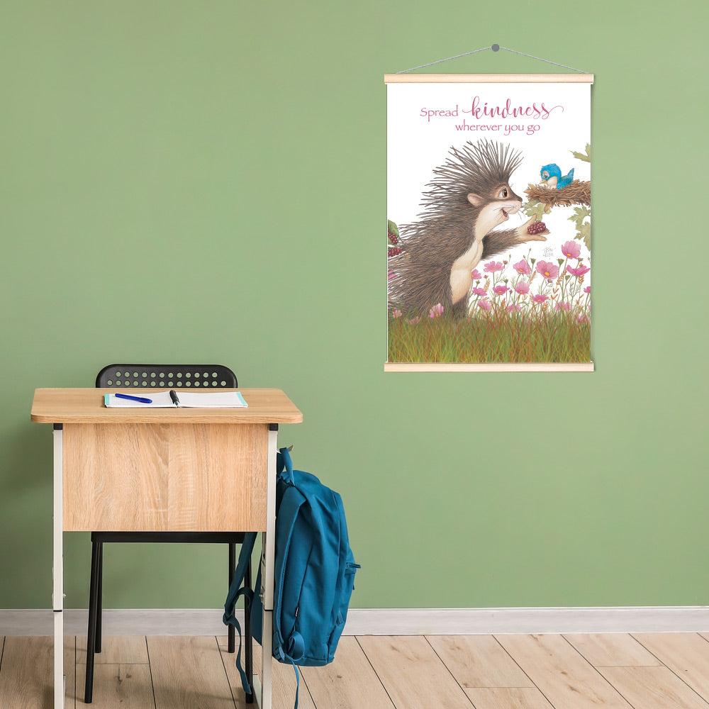 Friendly Kritters Wall Art Print - Porcupine Feeding Baby Bluebird - 17.5x24 - Hand Drawn - Wood Frame Hanger
