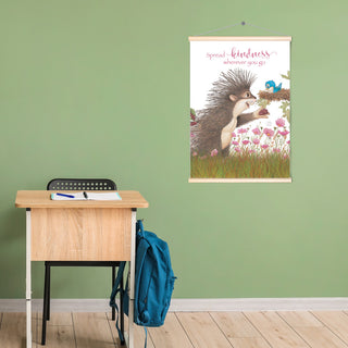 Friendly Kritters Wall Art Print - Porcupine Feeding Baby Bluebird - 17.5x24 - Hand Drawn - Wood Frame Hanger