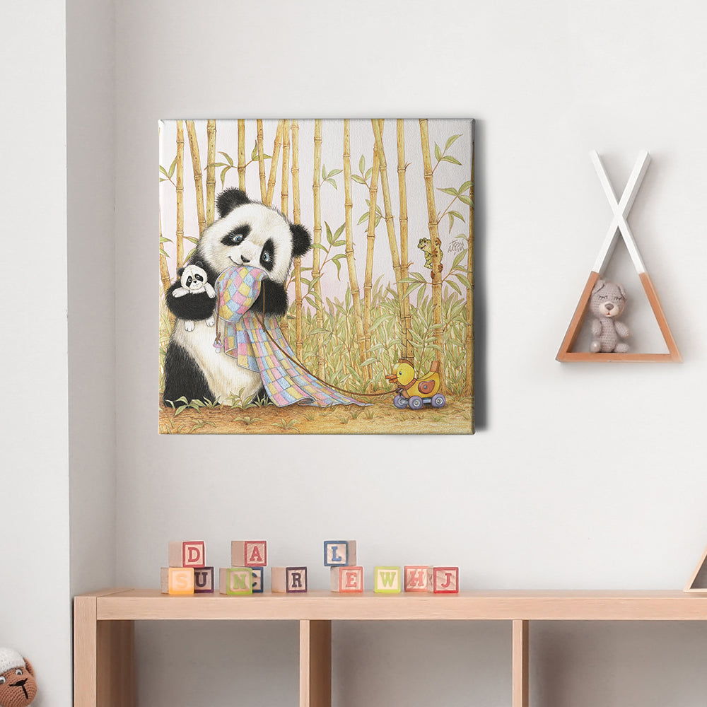 Friendly Kritters Wall Art Print - Baby Panda Bear with Blanket - 16x16 - Hand Drawn - Canvas