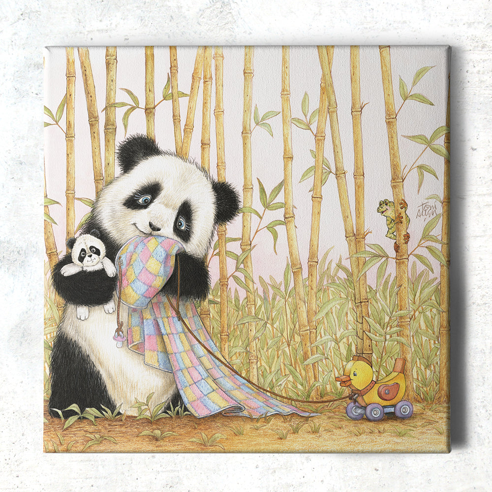 Friendly Kritters Wall Art Print - Baby Panda Bear with Blanket - 16x16 - Hand Drawn - Canvas