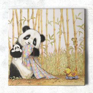 Friendly Kritters Wall Art Print - Baby Panda Bear with Blanket - 16x16 - Hand Drawn - Canvas