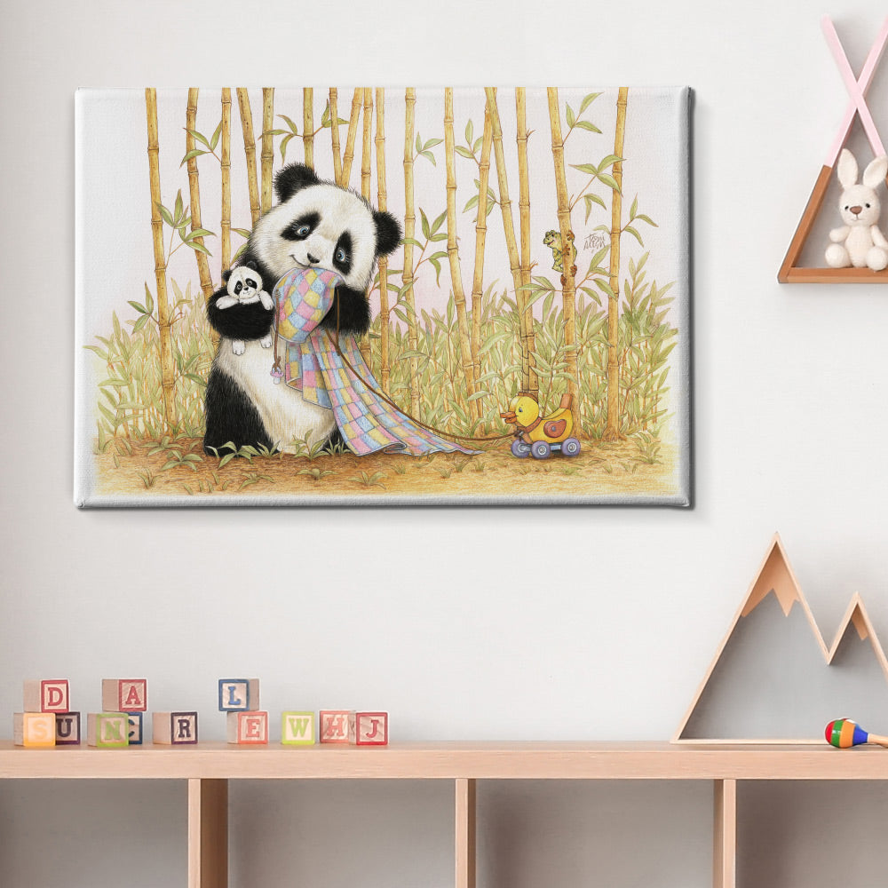 Friendly Kritters Wall Art Print - Baby Panda Bear with Blanket - 24x36 - Hand Drawn - Canvas