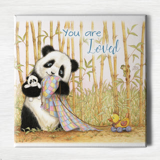 Friendly Kritters Wall Art Print - Baby Panda Bear with Blanket - 16x16 - Hand Drawn - Canvas