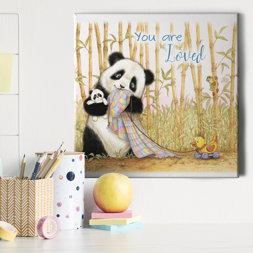 Friendly Kritters Wall Art Print - Baby Panda Bear with Blanket - 16x16 - Hand Drawn - Canvas