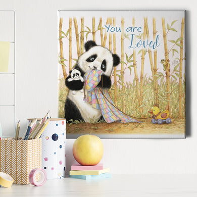 Friendly Kritters Wall Art Print - Baby Panda Bear with Blanket - 16x16 - Hand Drawn - Canvas