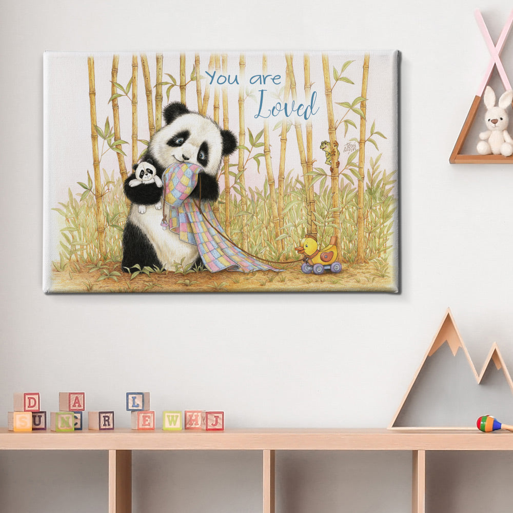 Friendly Kritters Wall Art Print - Baby Panda Bear with Blanket - 16x24 - Hand Drawn - Canvas