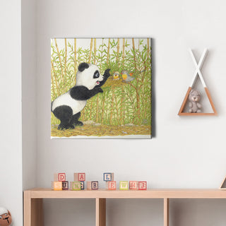 Friendly Kritters Wall Art Print - Panda Bear with Birds in Nest - 16x16 - Hand Drawn - Canvas
