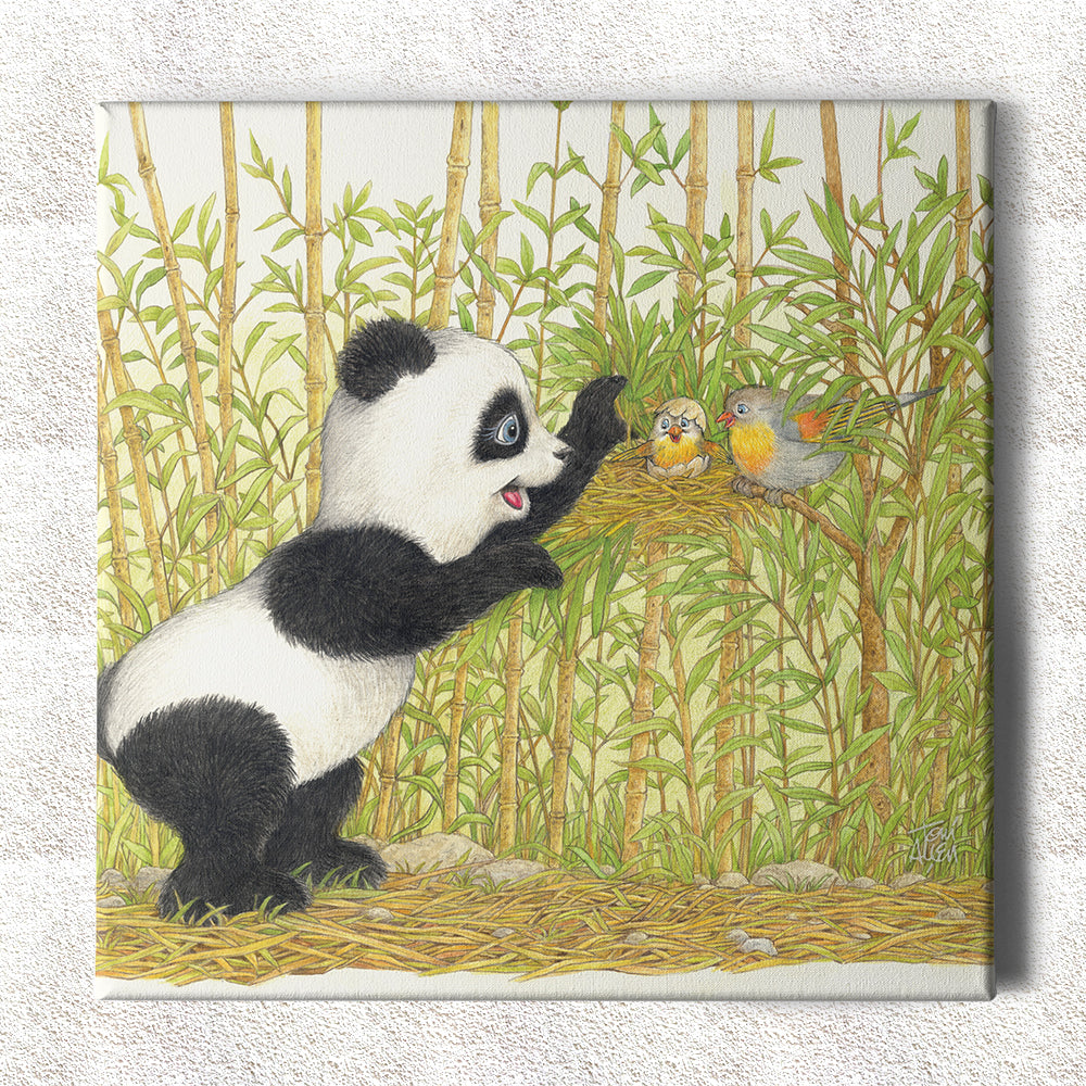 Friendly Kritters Wall Art Print - Panda Bear with Birds in Nest - 16x16 - Hand Drawn - Canvas