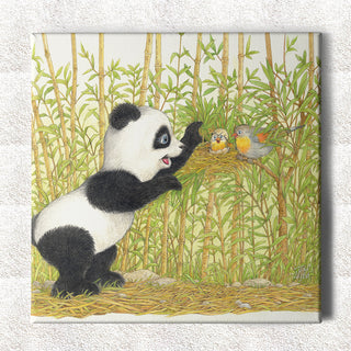 Friendly Kritters Wall Art Print - Panda Bear with Birds in Nest - 16x16 - Hand Drawn - Canvas