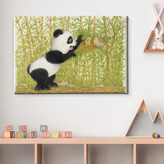 Friendly Kritters Wall Art Print - Panda Bear with Birds in Nest - 24x36 - Hand Drawn - Canvas