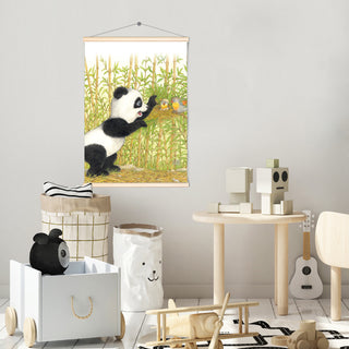Friendly Kritters Wall Art Print - Panda Bear with Birds in Nest - 17.5x24 - Hand Drawn - Wood Frame Hanger