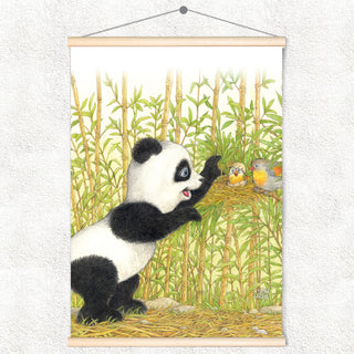 Friendly Kritters Wall Art Print - Panda Bear with Birds in Nest - 17.5x24 - Hand Drawn - Wood Frame Hanger