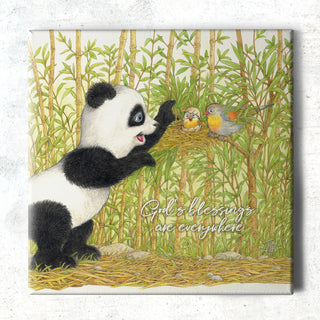 Friendly Kritters Wall Art Print - Panda Bear with Birds in Nest - 16x16 - Hand Drawn - Canvas