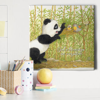 Friendly Kritters Wall Art Print - Panda Bear with Birds in Nest - 16x16 - Hand Drawn - Canvas