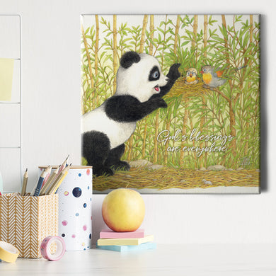 Friendly Kritters Wall Art Print - Panda Bear with Birds in Nest - 16x16 - Hand Drawn - Canvas