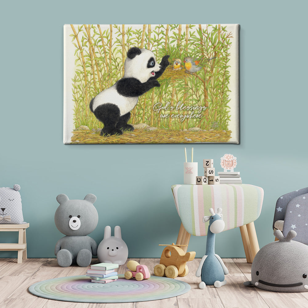 Friendly Kritters Wall Art Print - Panda Bear with Birds in Nest - 16x24 - Hand Drawn - Canvas
