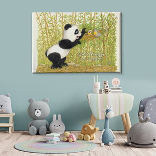 Friendly Kritters Wall Art Print - Panda Bear with Birds in Nest - 16x24 - Hand Drawn - Canvas