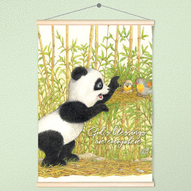 Friendly Kritters Wall Art Print - Panda Bear with Birds in Nest - 17.5x24 - Hand Drawn - Wood Frame Hanger