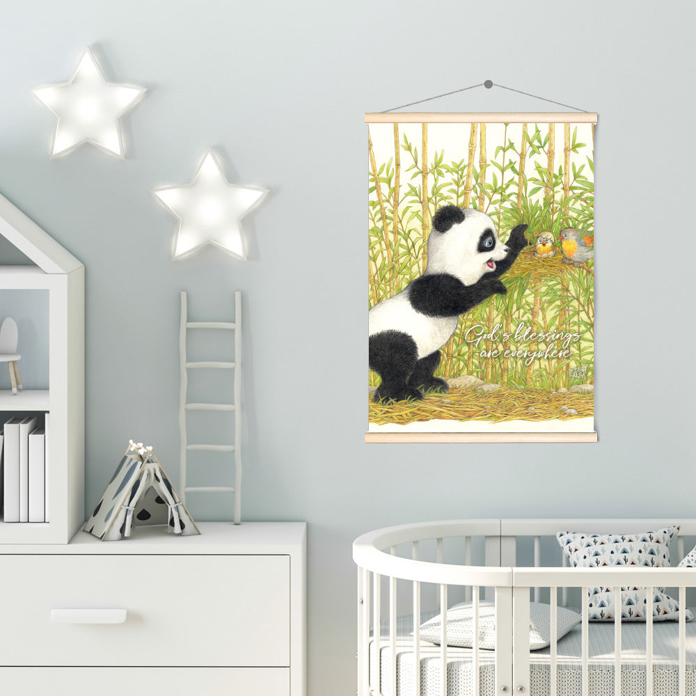 Friendly Kritters Wall Art Print - Panda Bear with Birds in Nest - 17.5x24 - Hand Drawn - Wood Frame Hanger