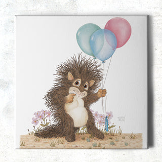 Friendly Kritters Wall Art Print - Baby Porcupine with Balloons - 16x16 - Hand Drawn - Canvas