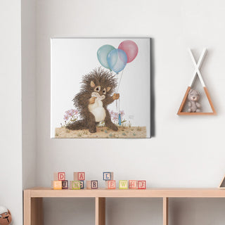 Friendly Kritters Wall Art Print - Baby Porcupine with Balloons - 16x16 - Hand Drawn - Canvas