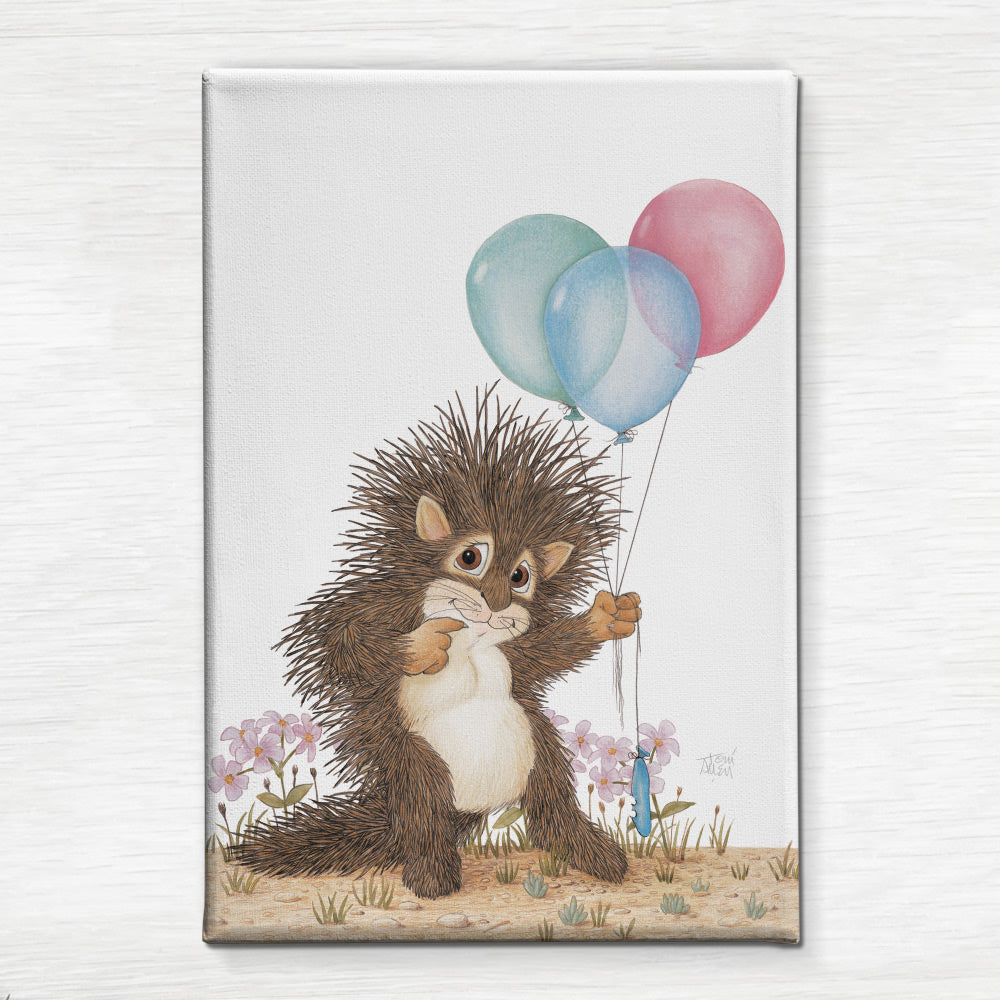 Friendly Kritters Wall Art Print - Baby Porcupine with Balloons - 24x36 - Hand Drawn - Canvas