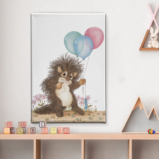 Friendly Kritters Wall Art Print - Baby Porcupine with Balloons - 24x36 - Hand Drawn - Canvas
