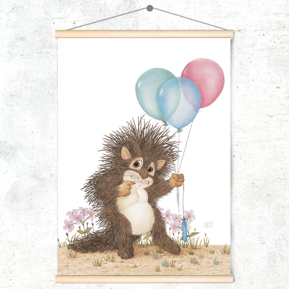 Friendly Kritters Wall Art Print - Baby Porcupine with Balloons - 17.5x24 - Hand Drawn - Wood Frame Hanger