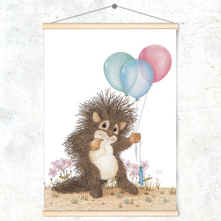 Friendly Kritters Wall Art Print - Baby Porcupine with Balloons - 17.5x24 - Hand Drawn - Wood Frame Hanger