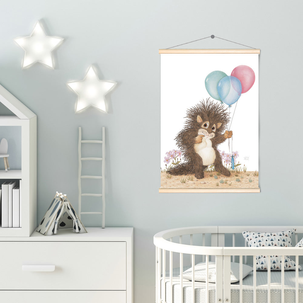 Friendly Kritters Wall Art Print - Baby Porcupine with Balloons - 17.5x24 - Hand Drawn - Wood Frame Hanger